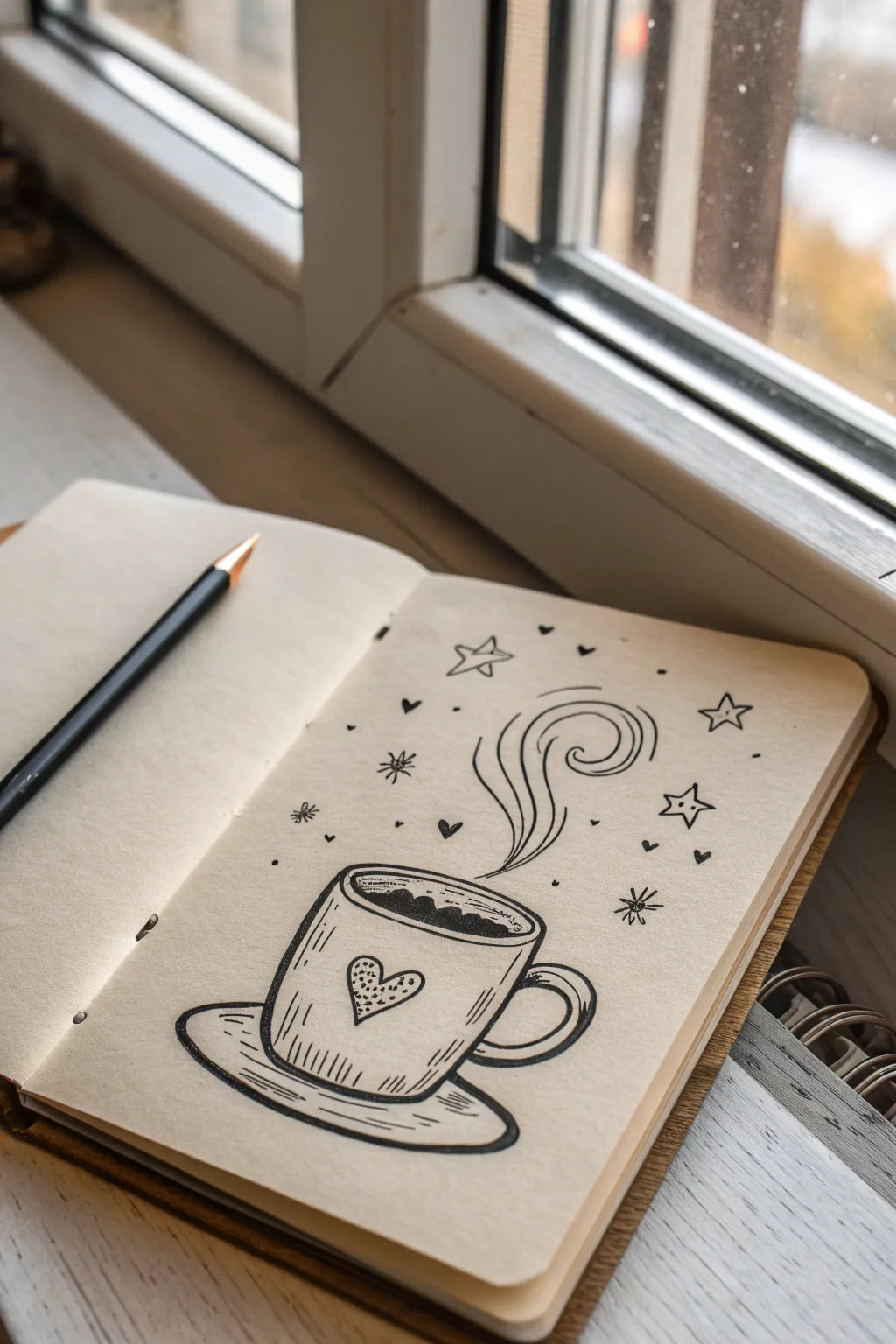 Cozy mug sketch with dreamy steam swirls turning into tiny hearts and stars, clean and minimal