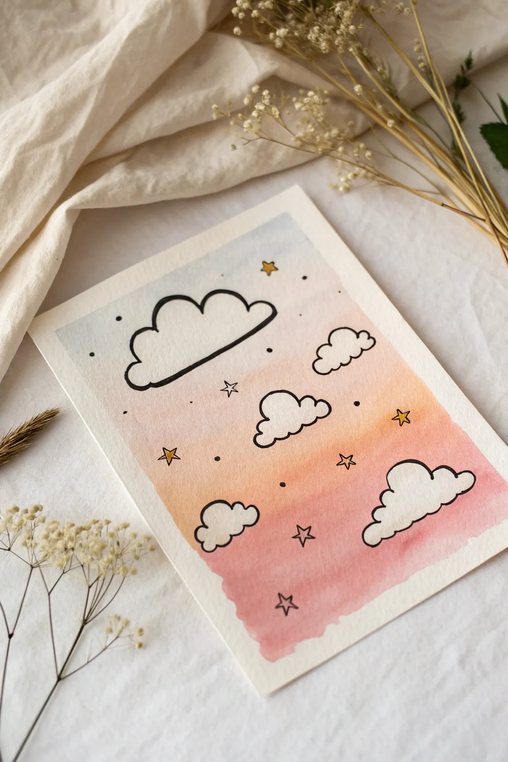 Cute ink clouds on a lavender to peach gradient sky wash, finished with tiny dreamy sparkles