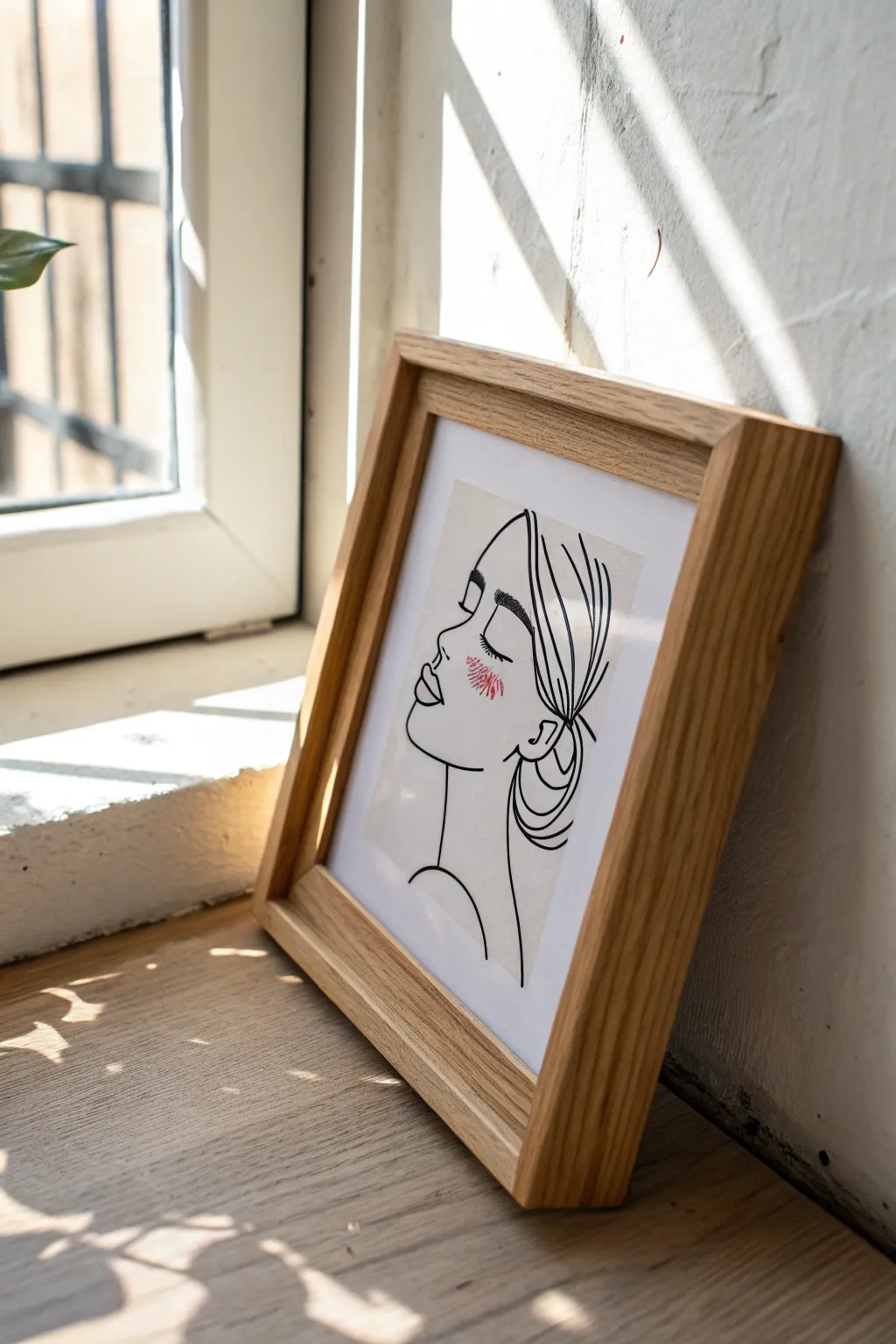 Minimal glass line art portrait with a soft blush tint, clean Scandinavian framing, calm and chic