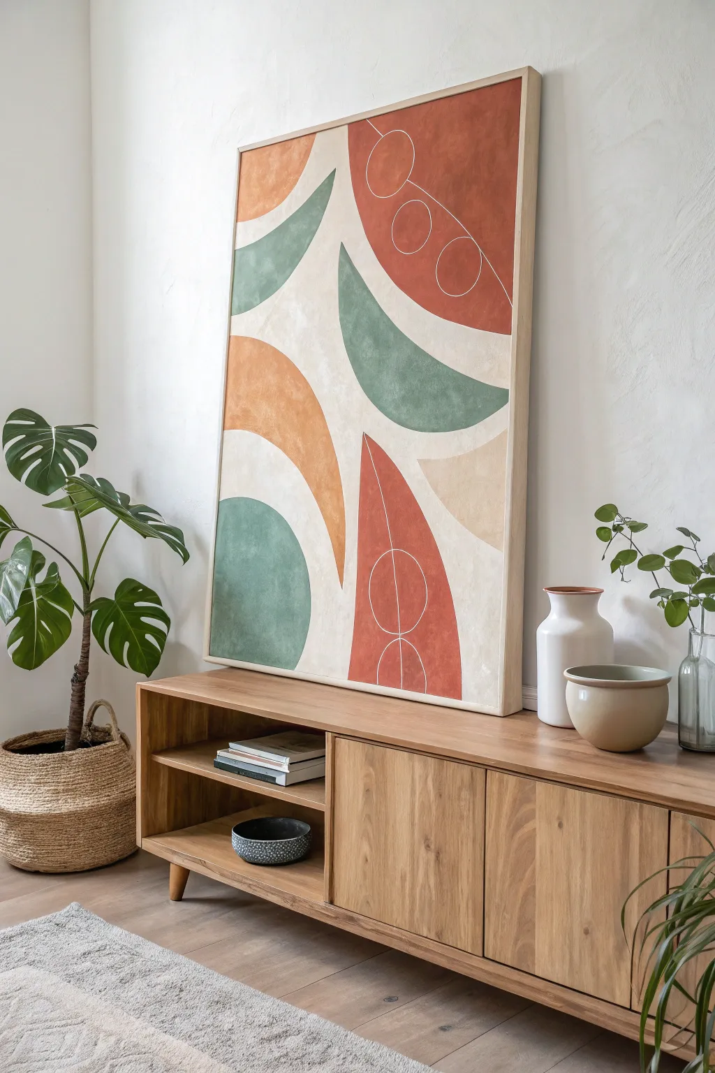 Boho abstract shapes in terracotta and sage, a minimalist canvas idea for a cozy room corner