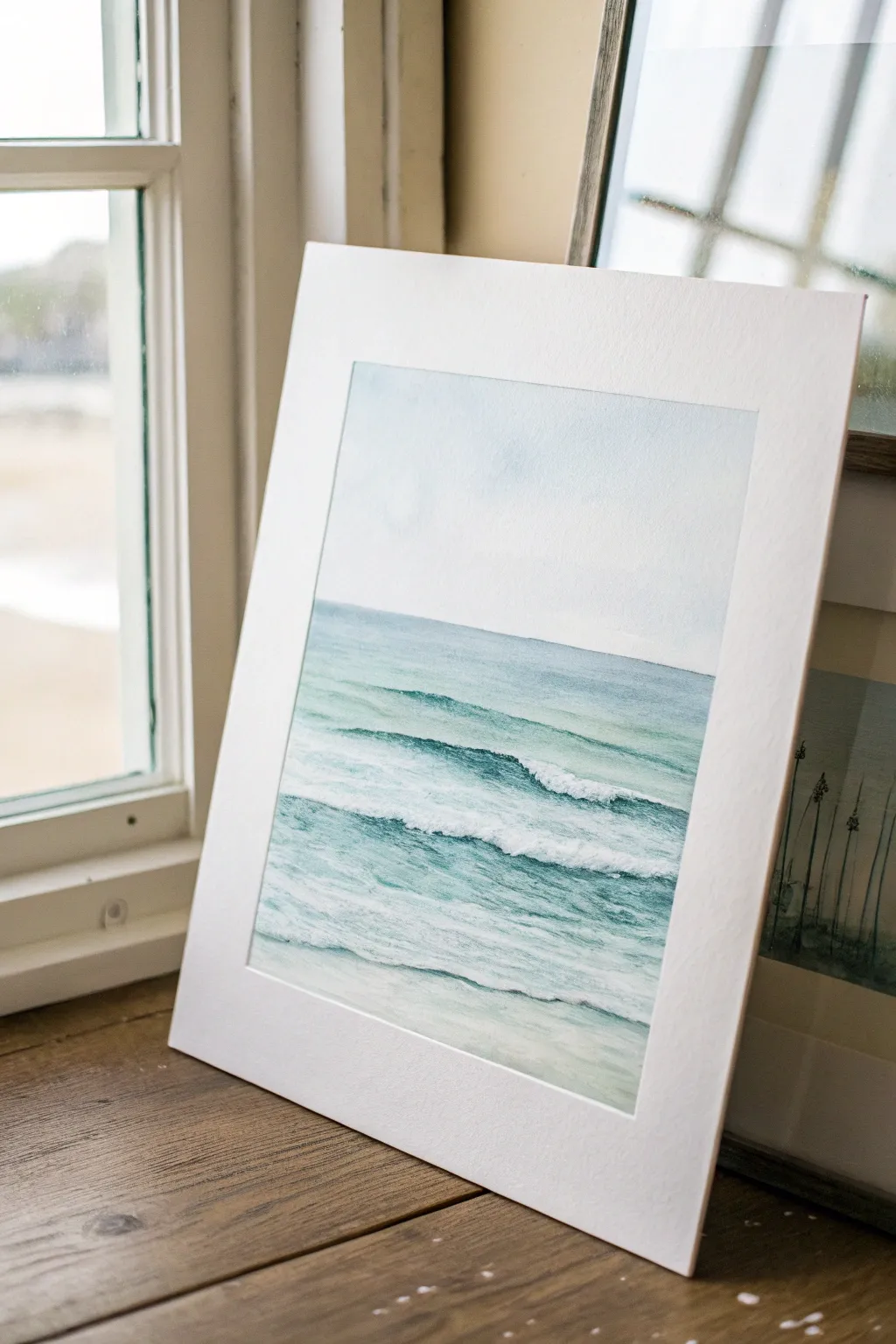 Soft ocean horizon watercolor with minimal wet-on-wet waves and calm Scandinavian negative space