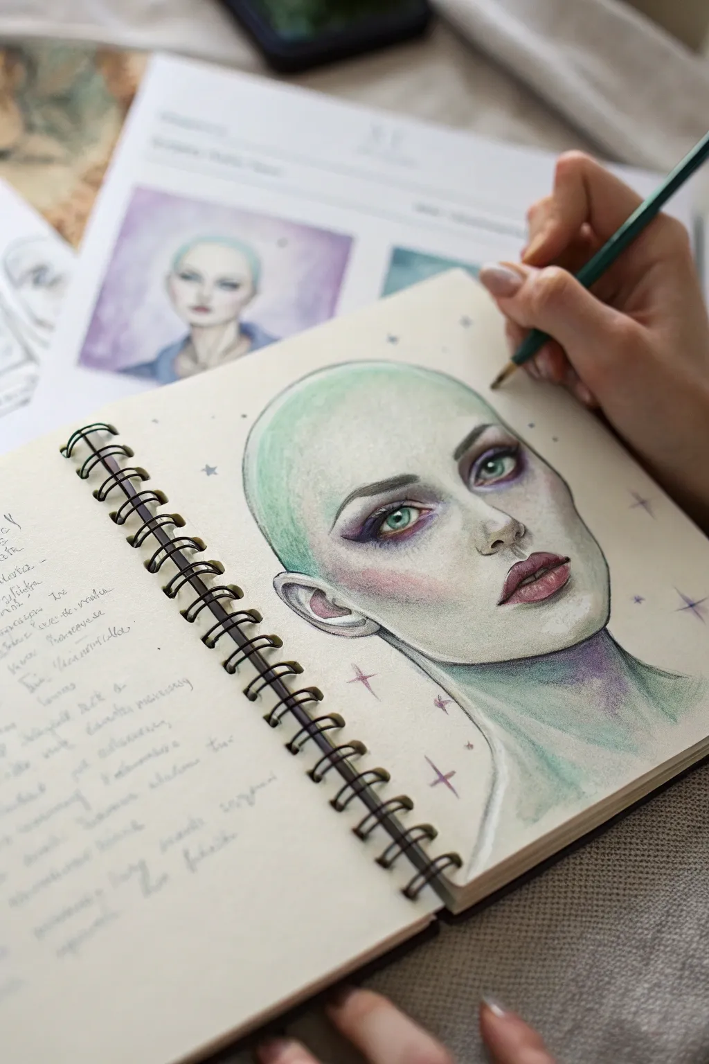 Unnatural alien skin palette in lavender, jade, and pearly neutrals with matching swatches.