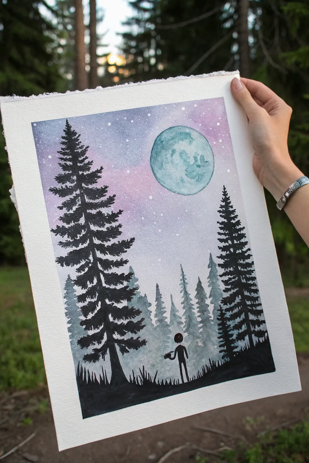 Spooky-cute alien in a silhouetted pine forest, lit by a glowing minimalist galaxy moon