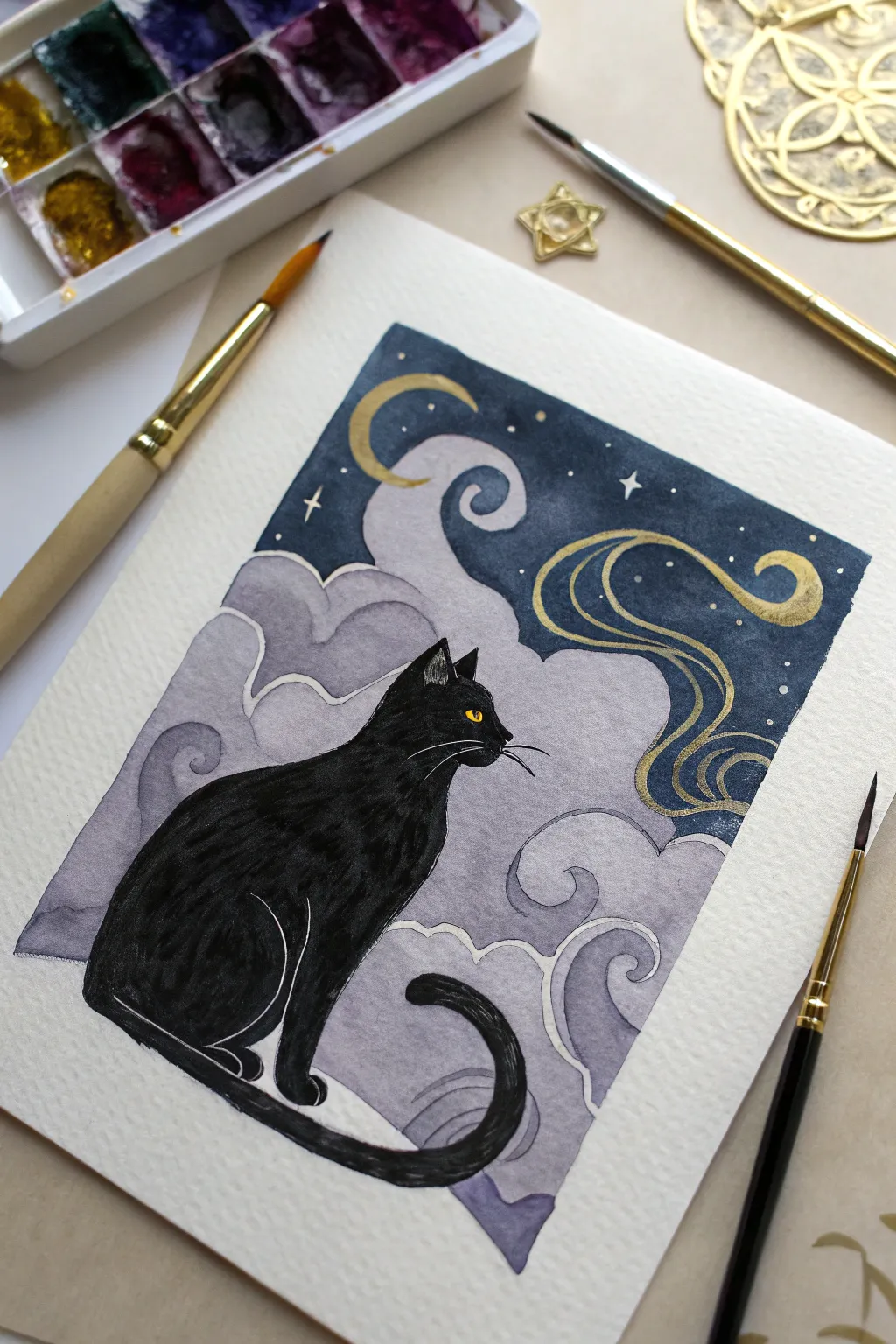 Paint a sassy black cat in a midnight palette with soft smoky swirls and clean minimalist lines.