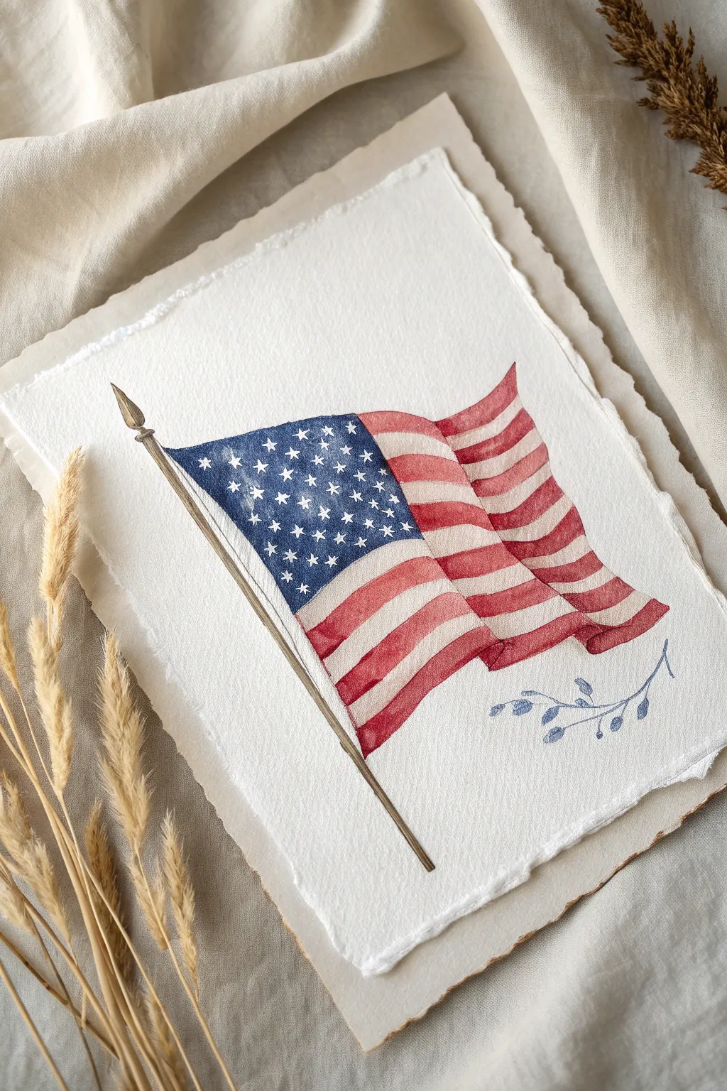 Soft shaded waving American flag painting, minimalist and boho, centered and crisp in focus