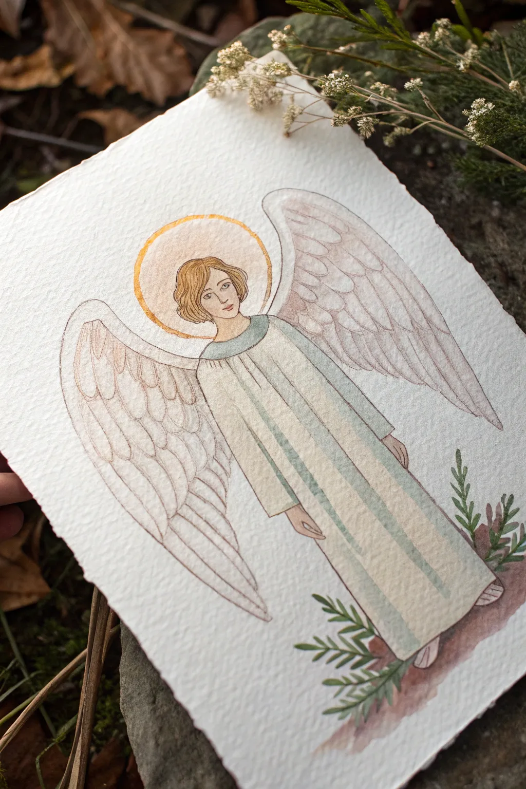 Faceless angel with glowing halo and airy wings, minimalist Scandinavian-boho elegance