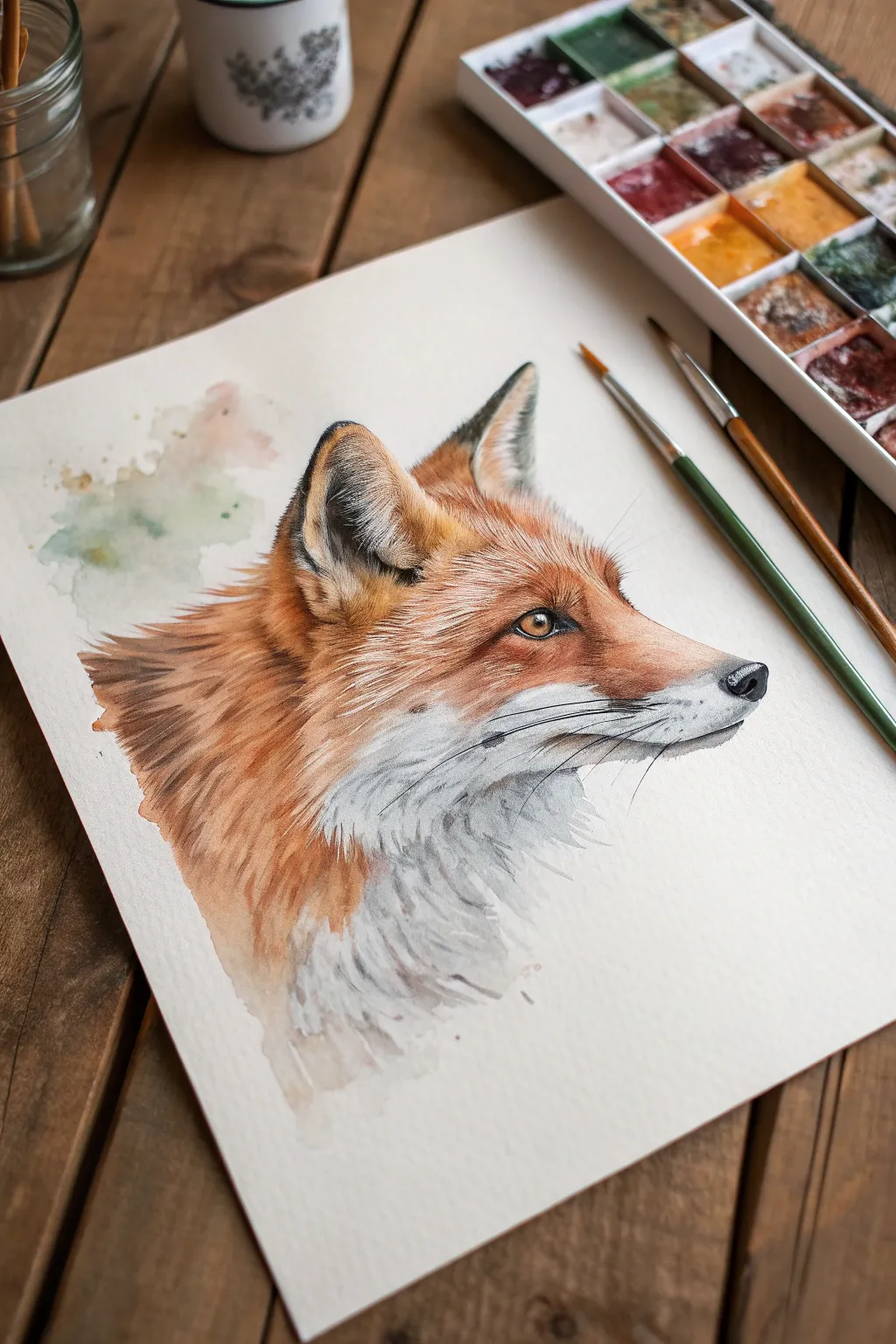 Soft watercolor fox face study with dreamy blooms and crisp eyes, minimalist boho vibe.