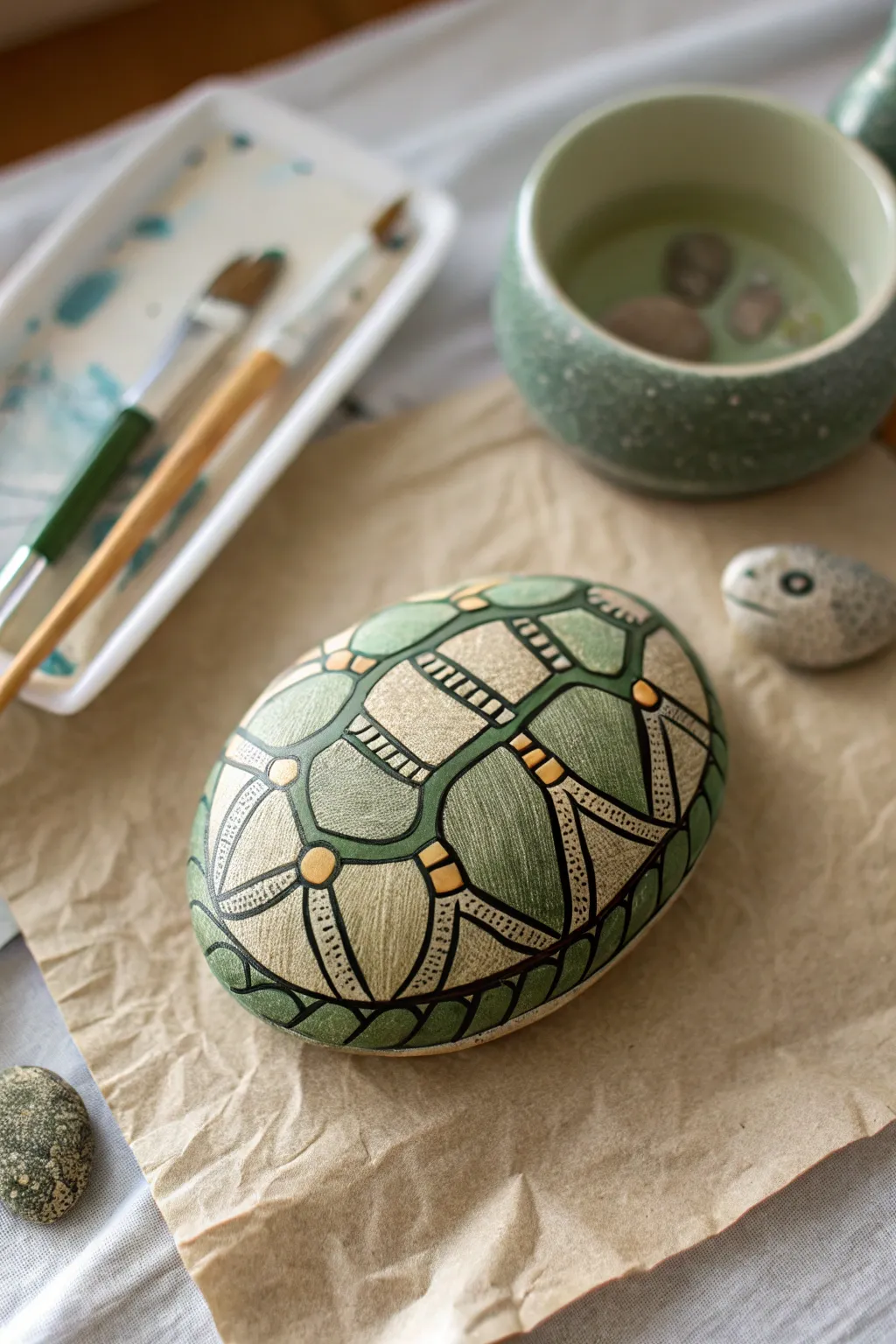 Geometric turtle shell rock on sandy paper, simple Scandinavian palette with a soft boho feel
