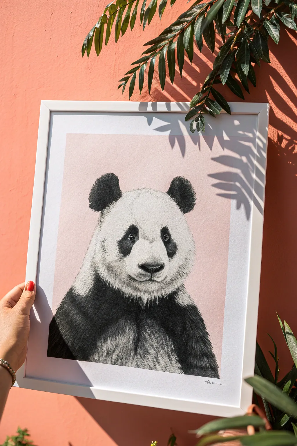 Sweet panda art in bold coral minimalism, crisp contrast and a soft grounding shadow