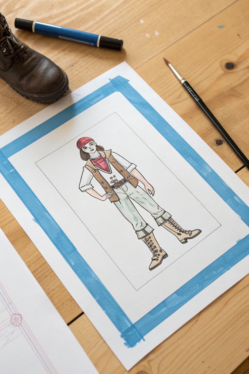 Chunky pirate costume shapes: bandana, eyepatch, vest and boots, centered inside a blue border.