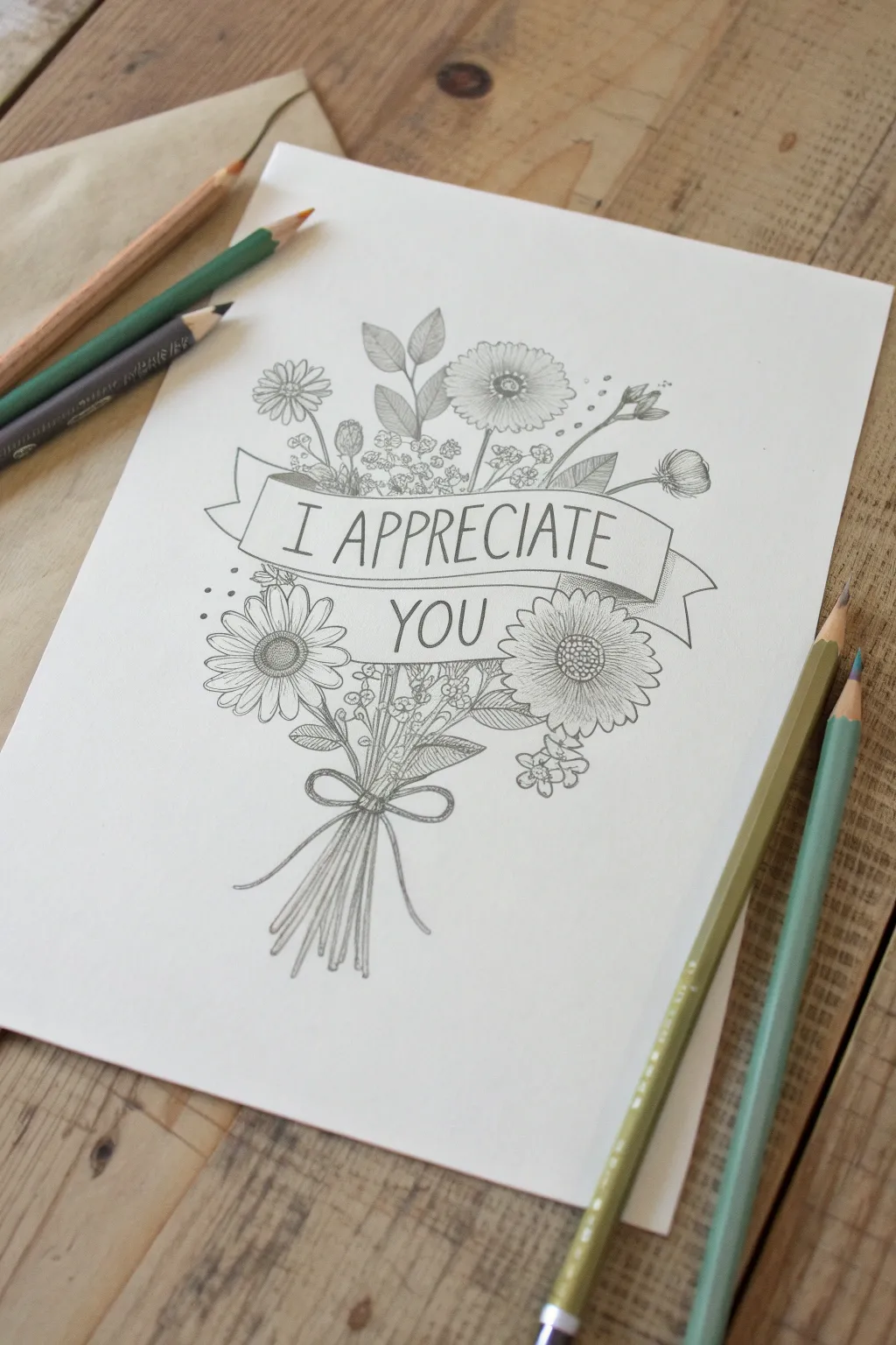 Pencil bouquet thank-you drawing: minimalist graphite with a soft pop of color and warm school vibes.
