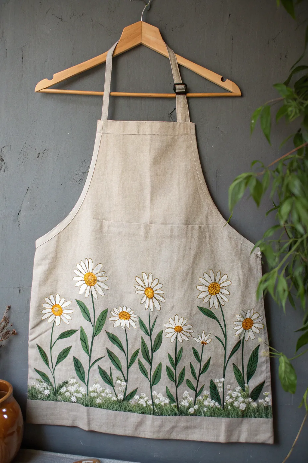 Soft linen apron with hand-painted daisy hem, crisp contrast and visible brush texture.