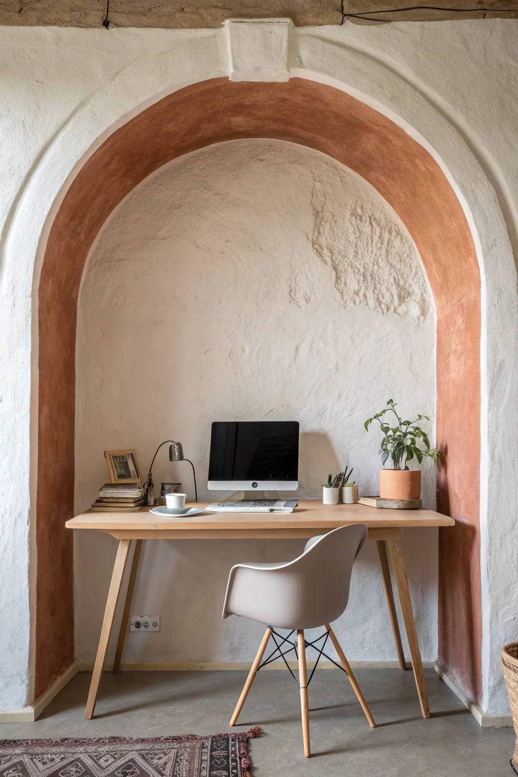 Paint a soft clay arch behind a floating desk to frame your workspace with calm contrast.
