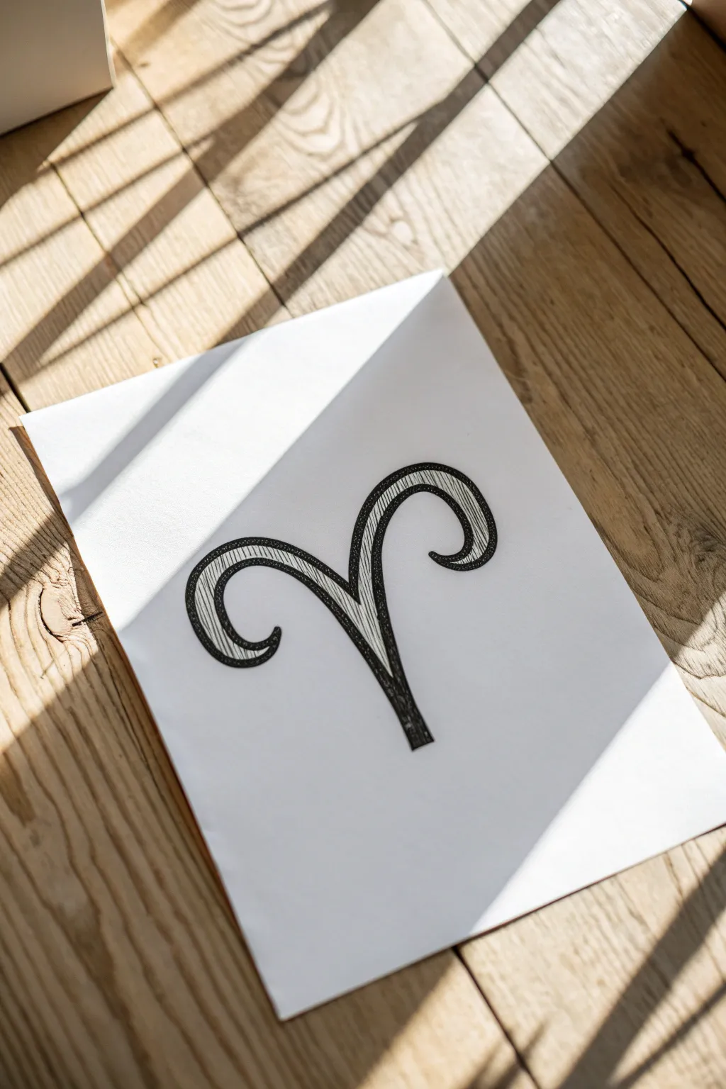 Minimal Aries glyph line art in ink, centered on warm paper for calm Scandinavian vibes