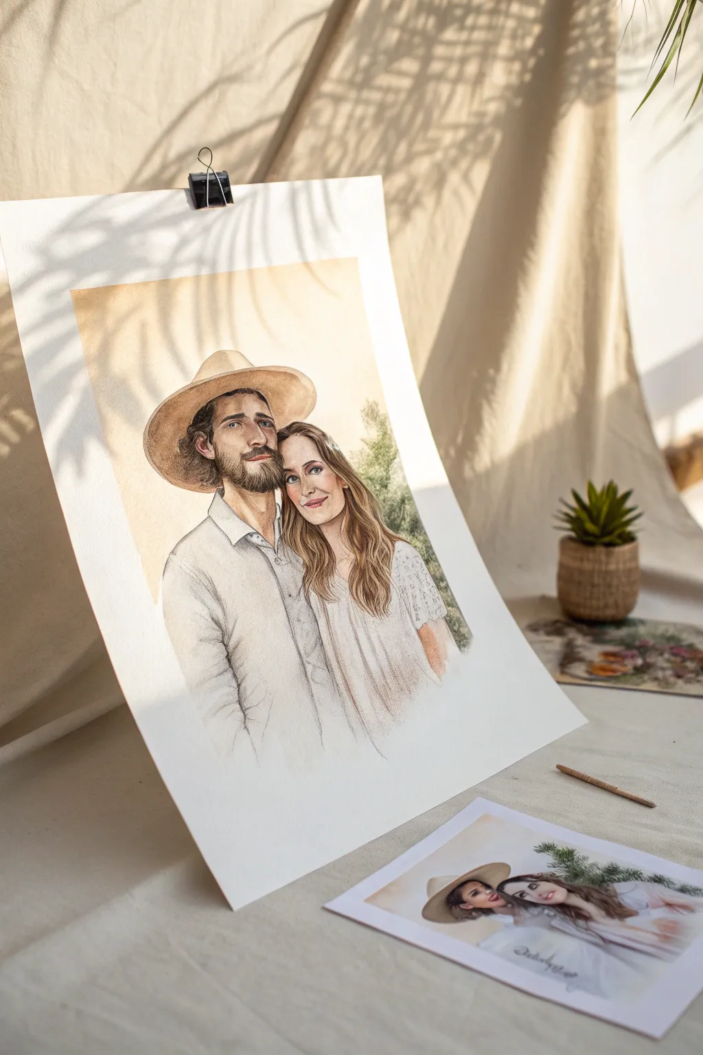 A romantic couple portrait commission with a small sketch inset, minimal and warmly handcrafted