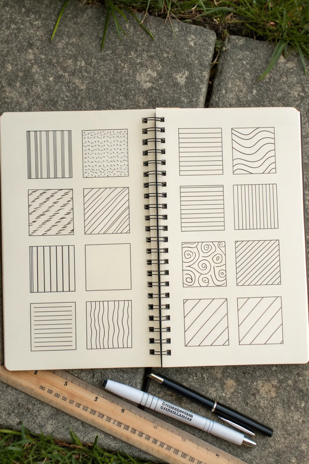 Minimal stripe rhythm swatches: straight, wavy, and thick-thin line patterns to practice