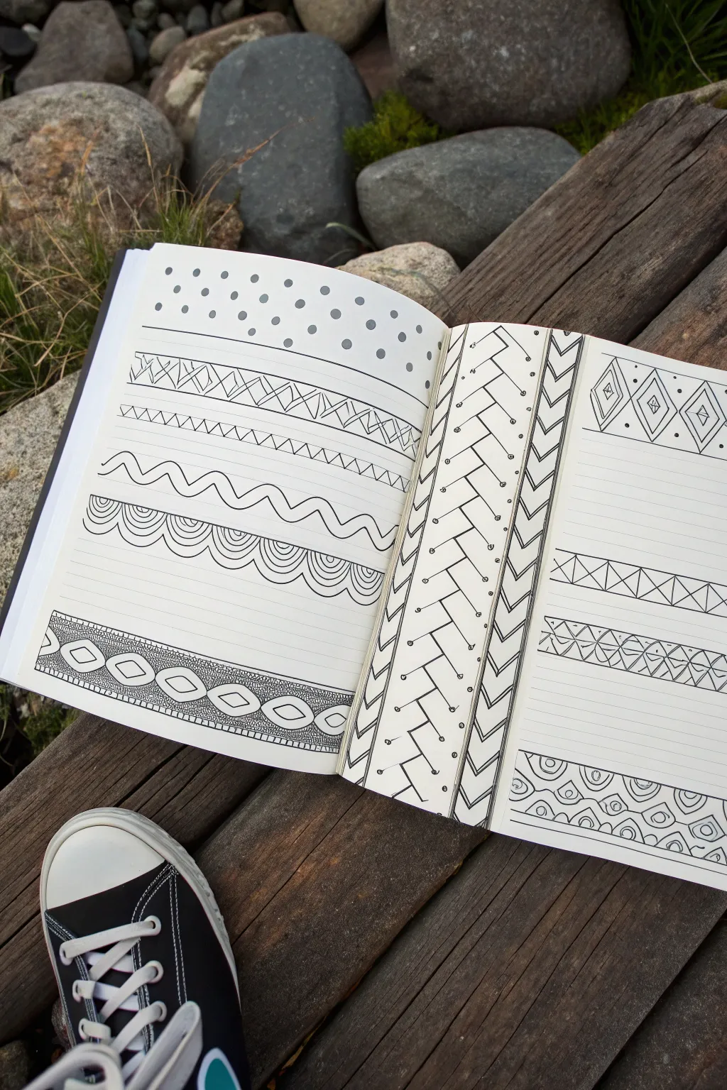 Calming zentangle pattern strips in crisp black ink, minimalist and soothing to draw