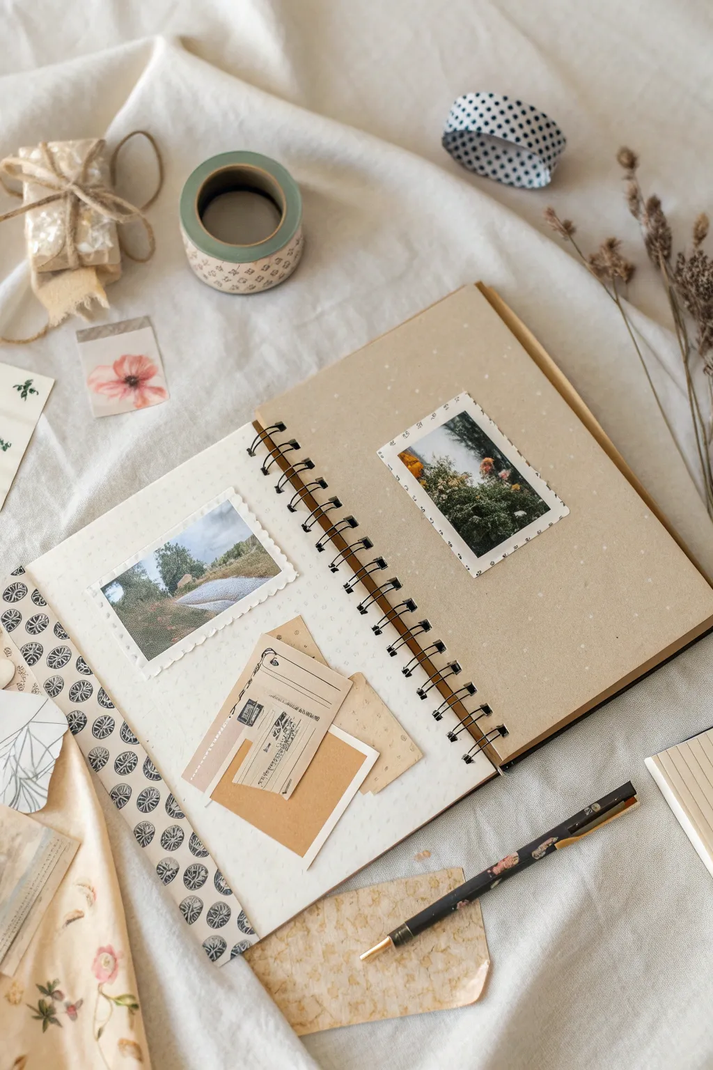 Layered ephemera collage cluster with torn paper, tape, and soft pencil lines for journaling.