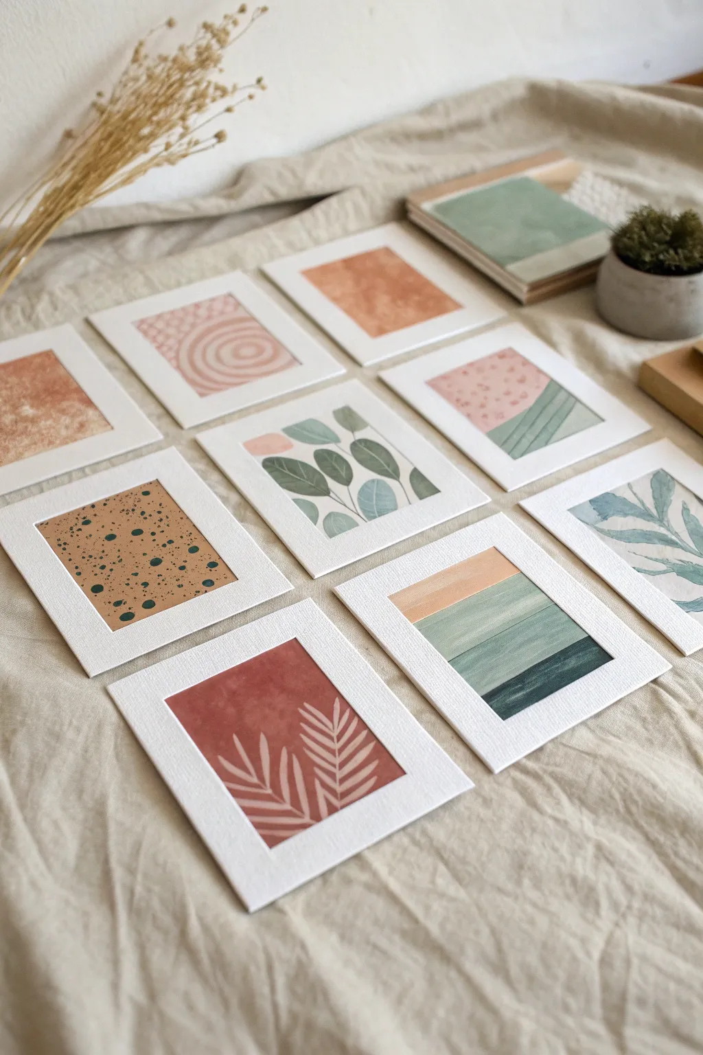A cohesive mood set: 8 mini abstracts sharing one soothing limited Scandinavian-boho palette