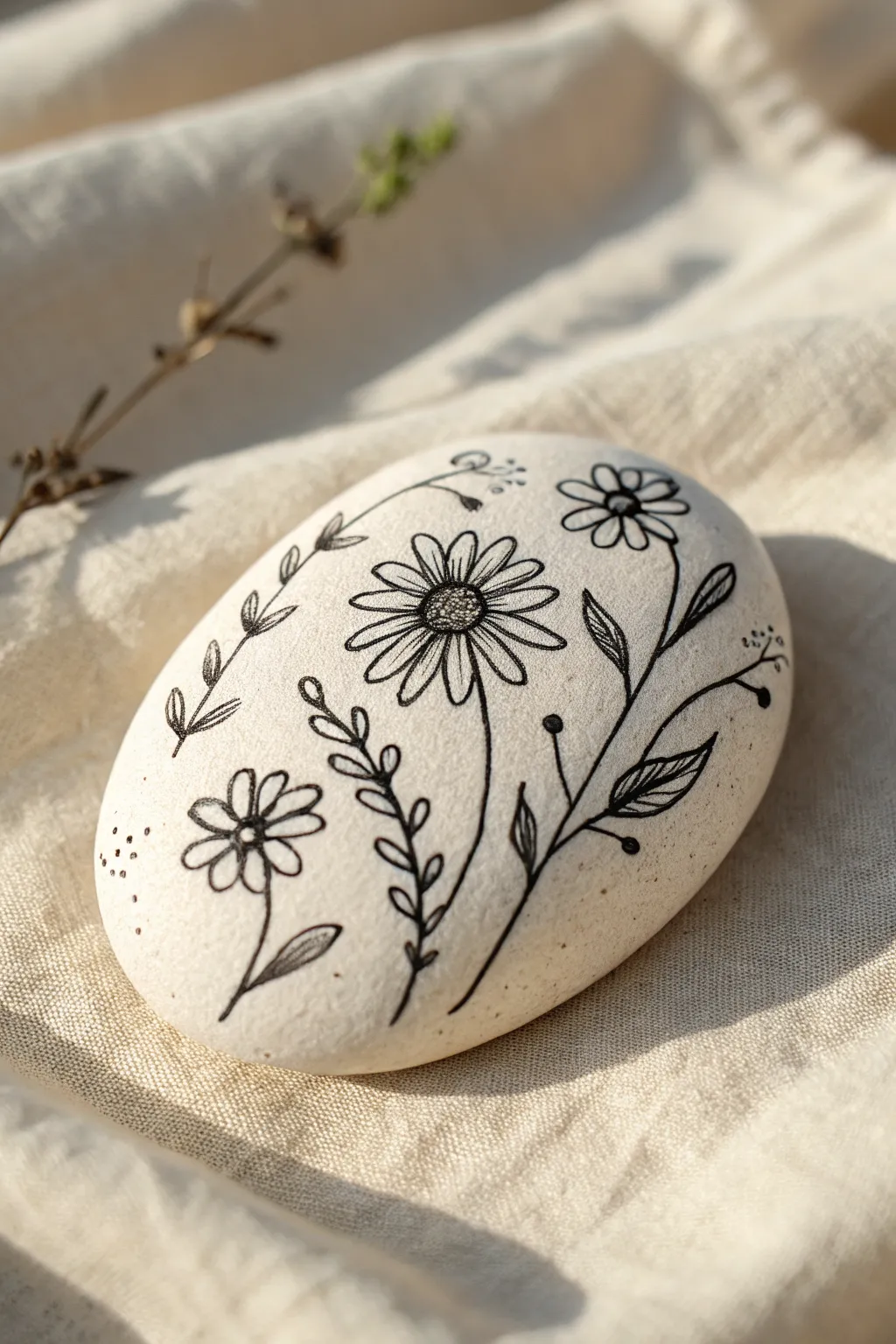 Simple floral doodles on a smooth pebble, minimalist boho craft idea for calm creative time