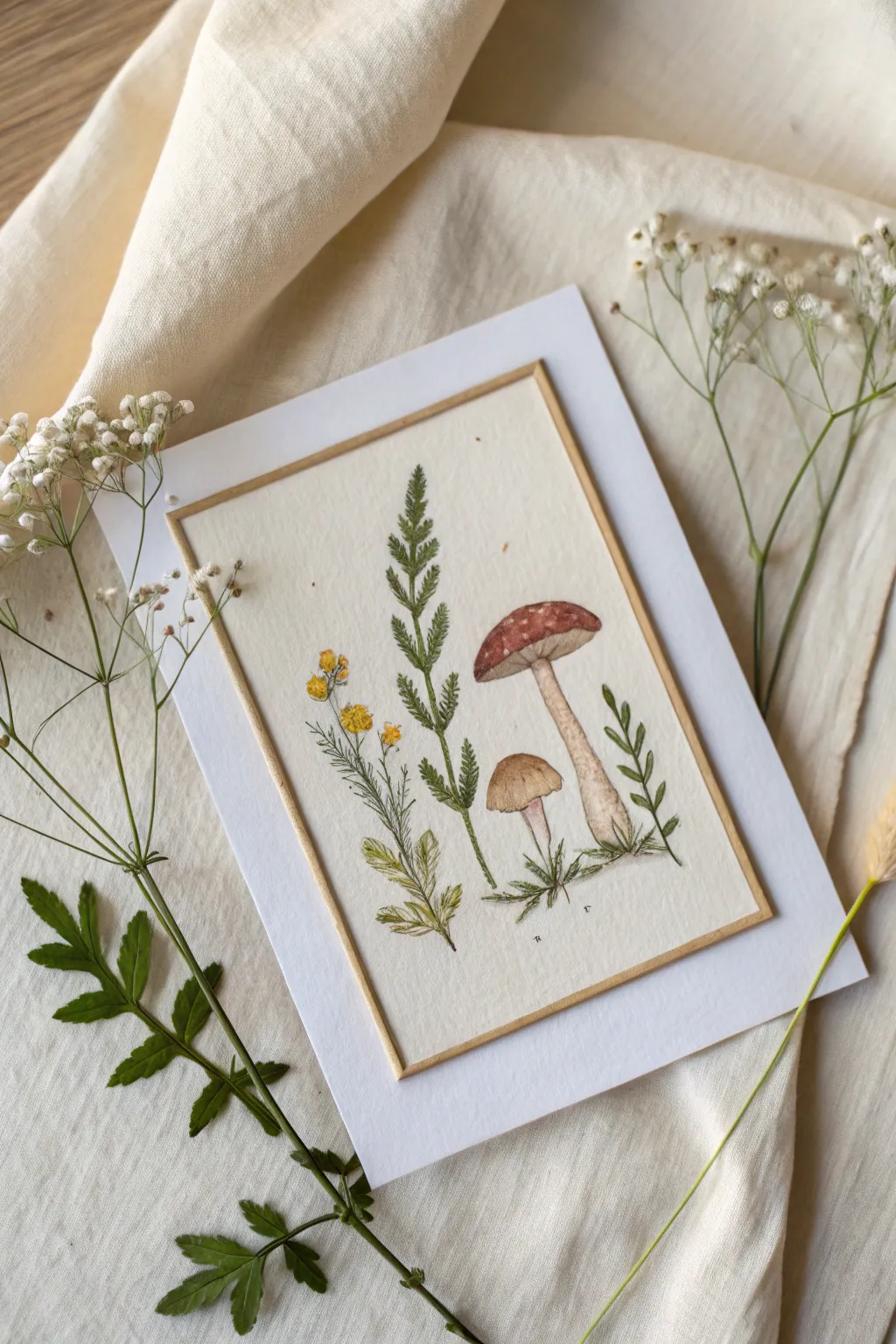 Tiny framed botanical ATC: minimalist watercolor leaves, mushrooms, and wildflowers in focus