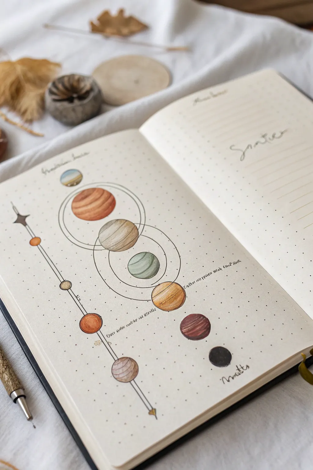 Simple solar system lineup to draw: clean ink orbits, muted boho planets, minimalist and calming