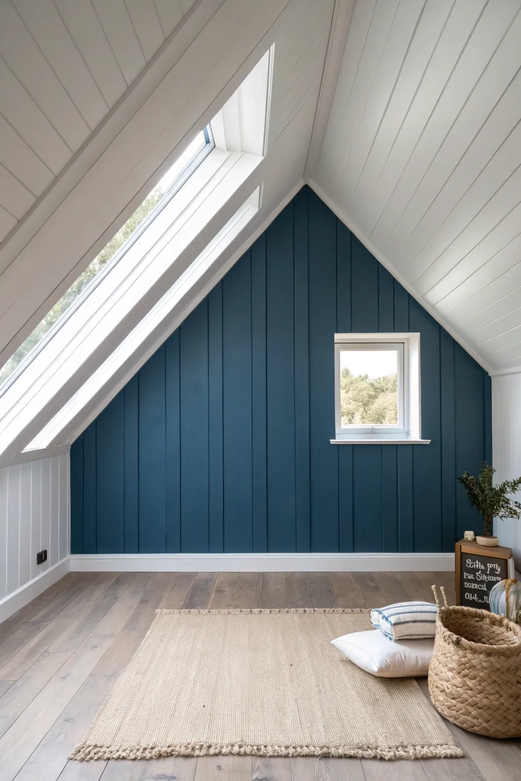 Deep-toned gable wall with crisp white slopes, turning your attic into a calm focal point.