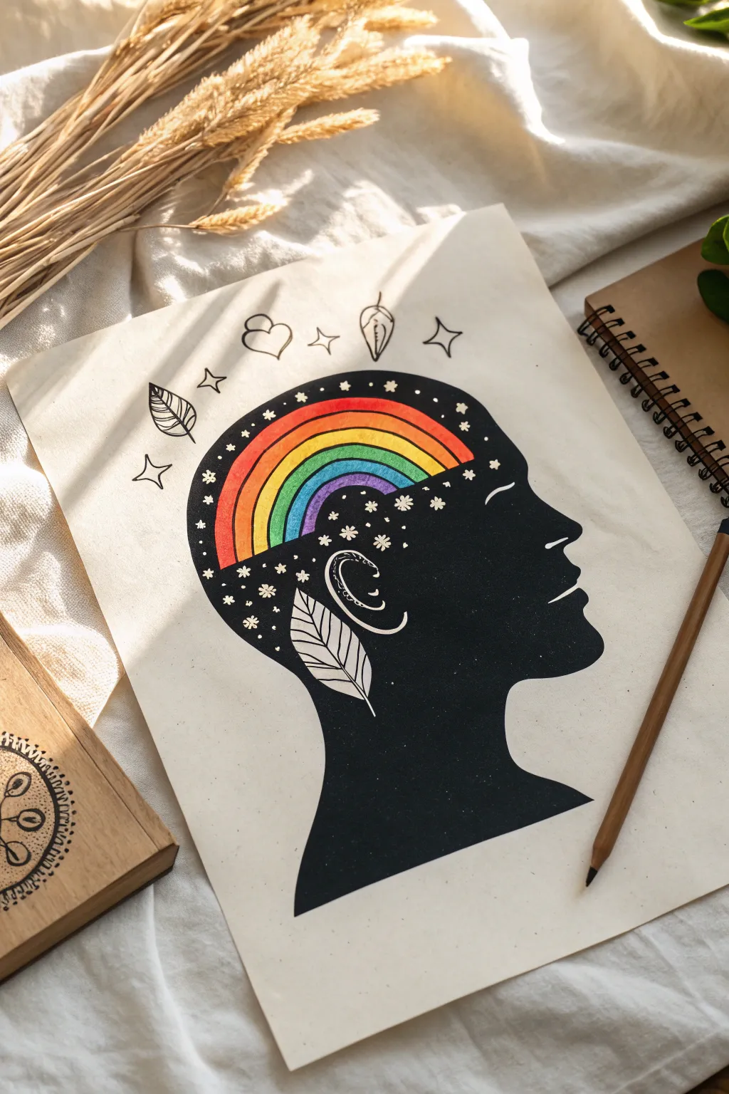 Minimalist head profile silhouette filled with calm spectrum patterns for an autism art idea