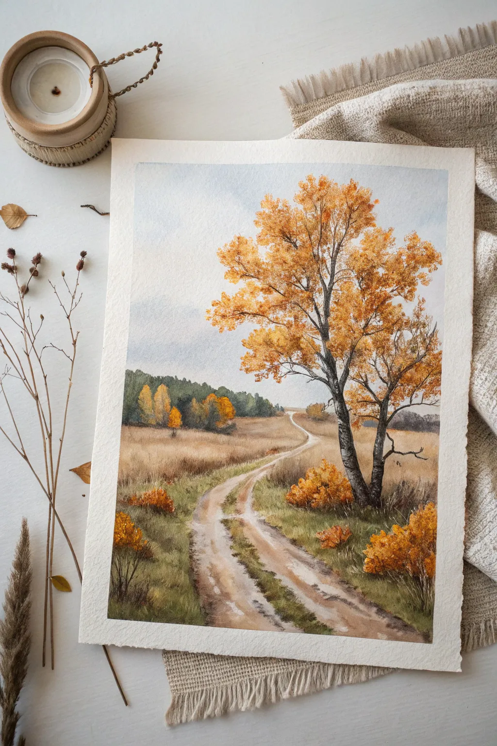 Golden autumn trees and a winding path, painted in warm watercolor tones against a cool sky.