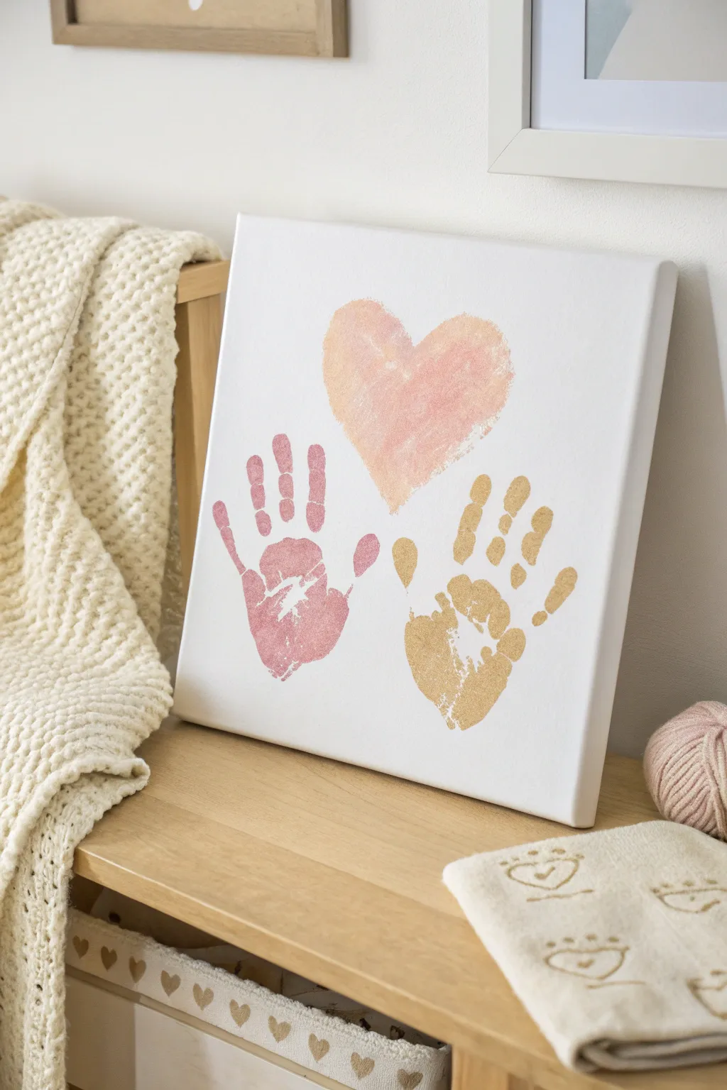 Sweet baby handprint heart canvas in soft blush tones, styled for a calm minimalist nursery