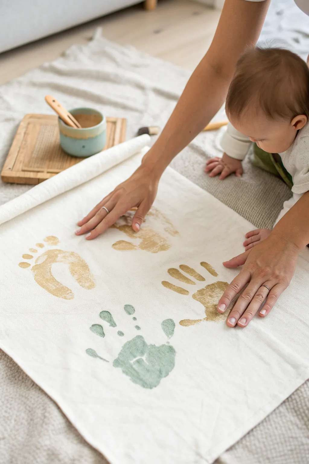 Sweet keepsake moment: tiny handprints on thick paper in soft, Scandinavian-inspired tones.
