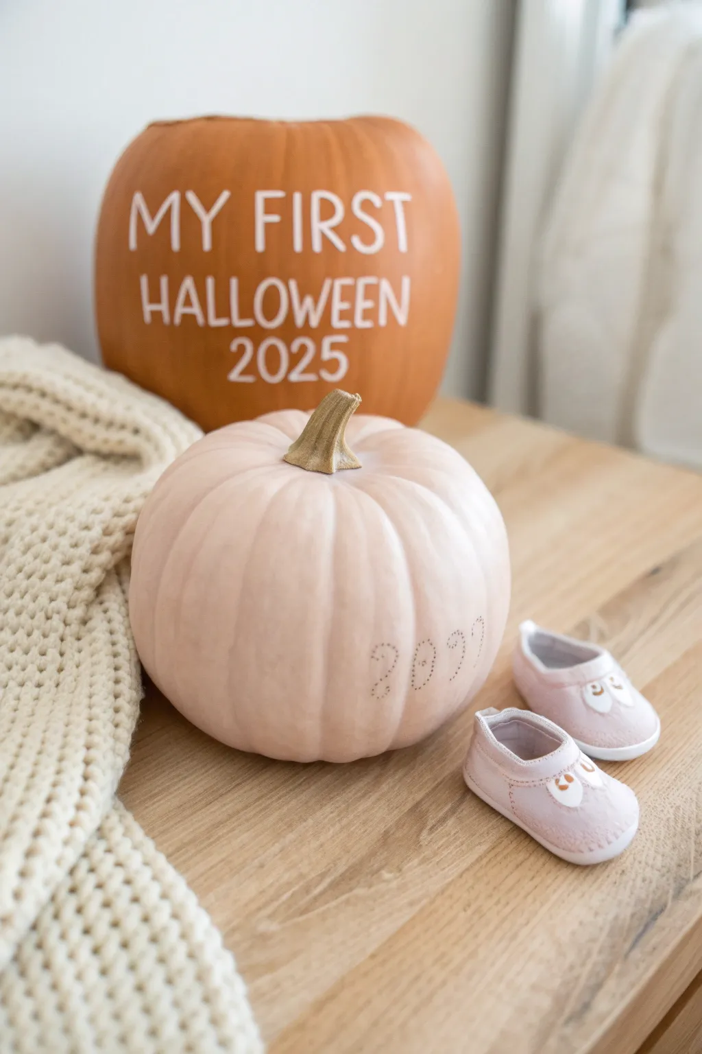 A minimalist milestone pumpkin for babys first Halloween, soft paint and modern lettering
