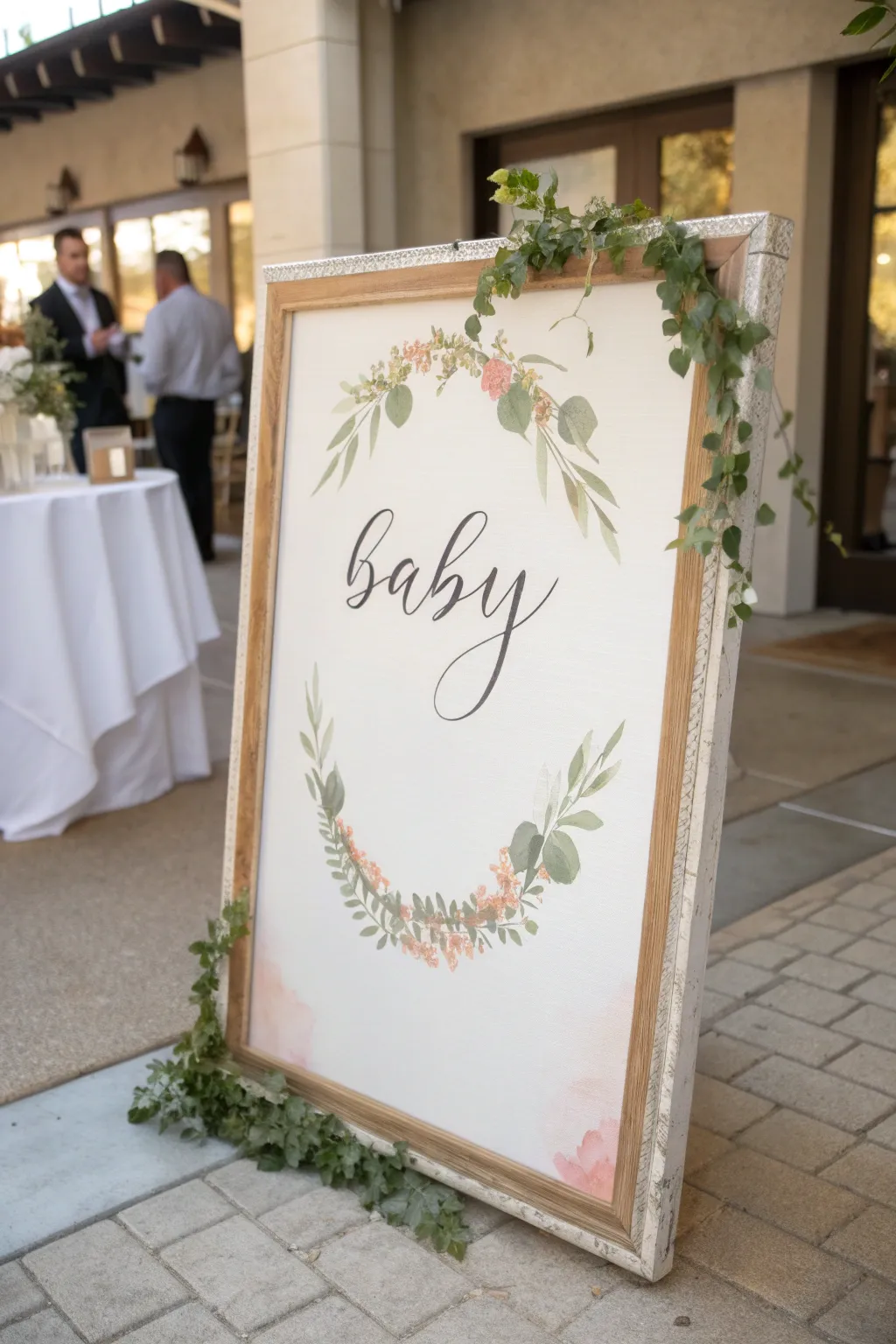 A minimal keepsake canvas with soft greenery framing elegant name-and-date calligraphy.