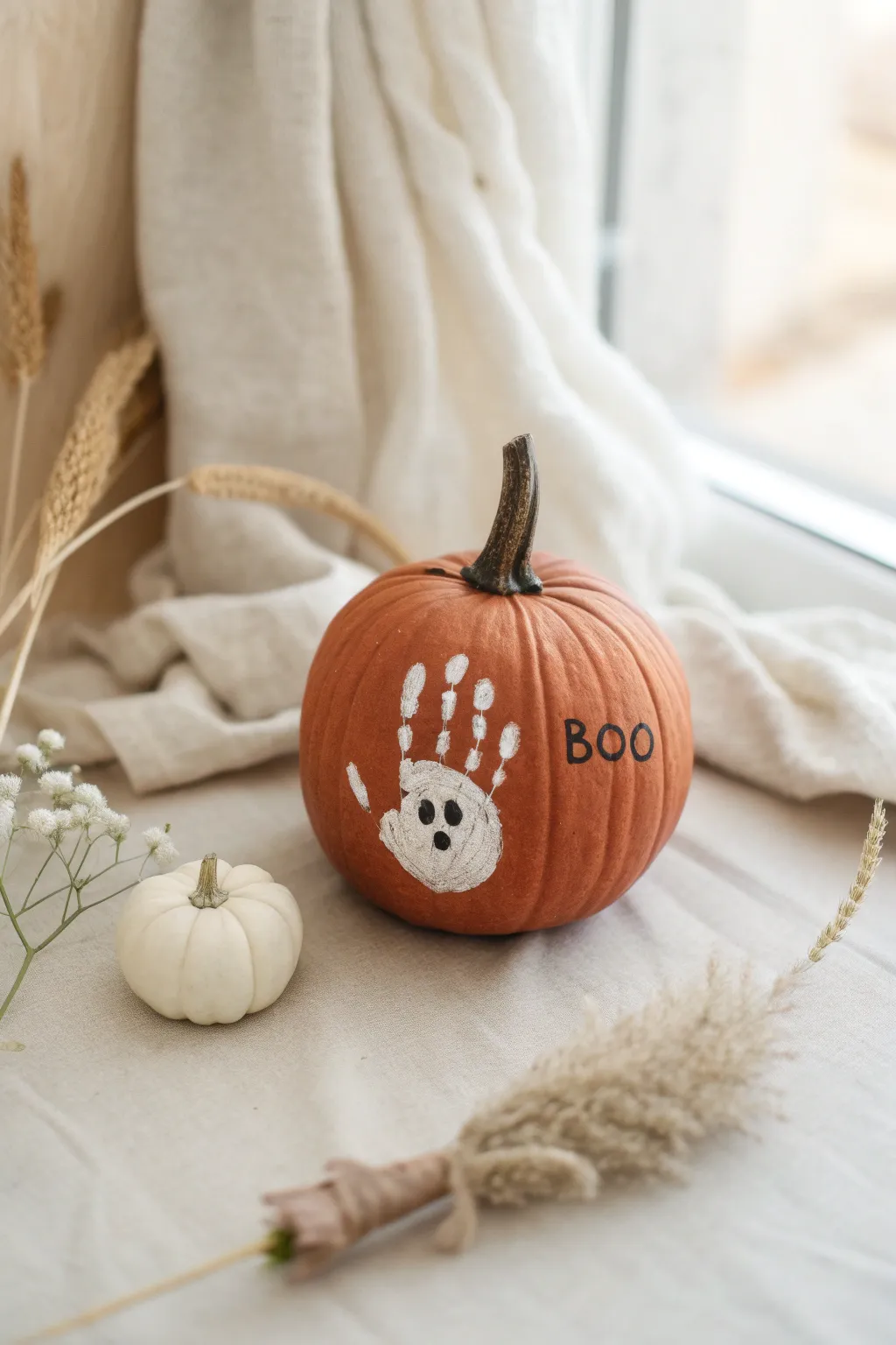 Minimal pumpkin handprint ghost design, perfect first Halloween paint idea for baby.