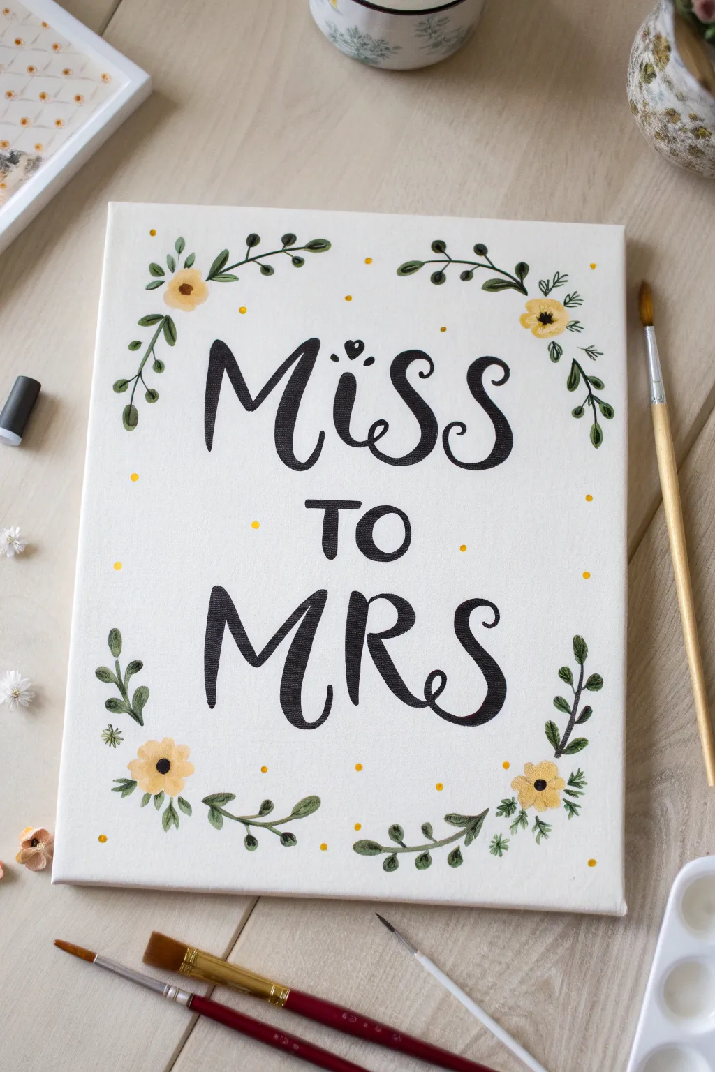 Elegant Miss to Mrs lettering canvas with simple florals, metallic accents, and paint and sip vibes