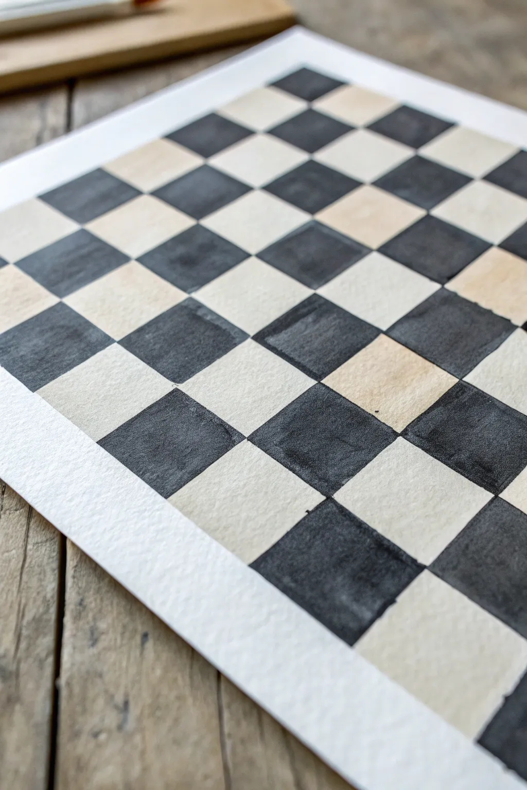 Clean checkerboard blocks with crisp contrast and soft hand-painted edges, brush texture up close