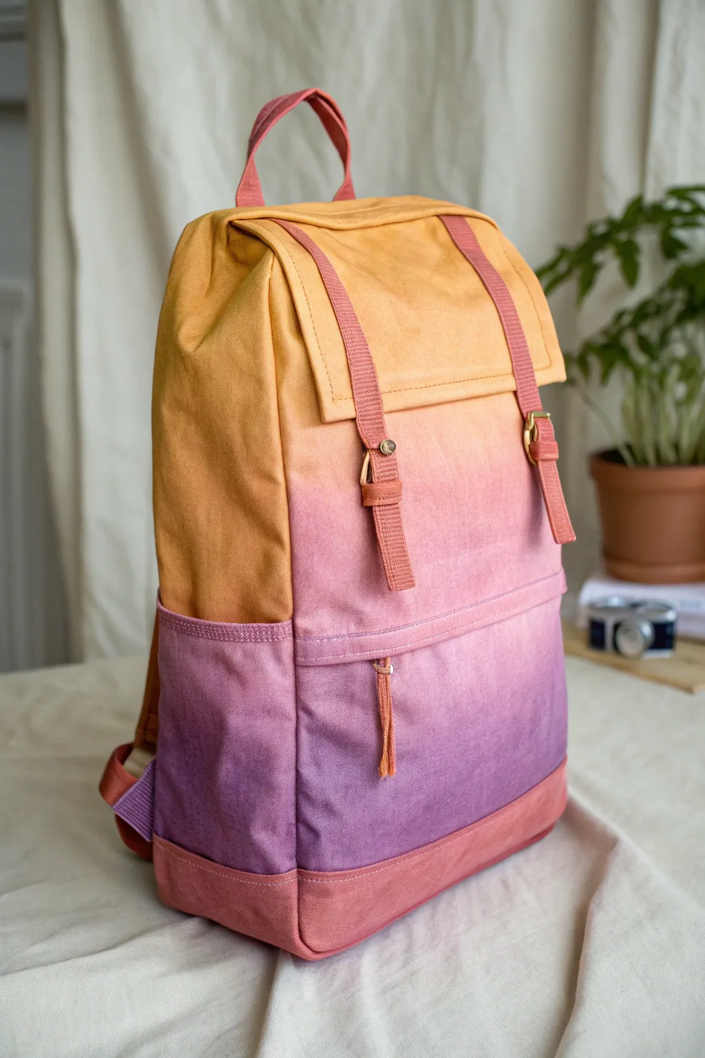 Soft ombre sunset backpack with simple blending tools in a calm Scandinavian boho setup