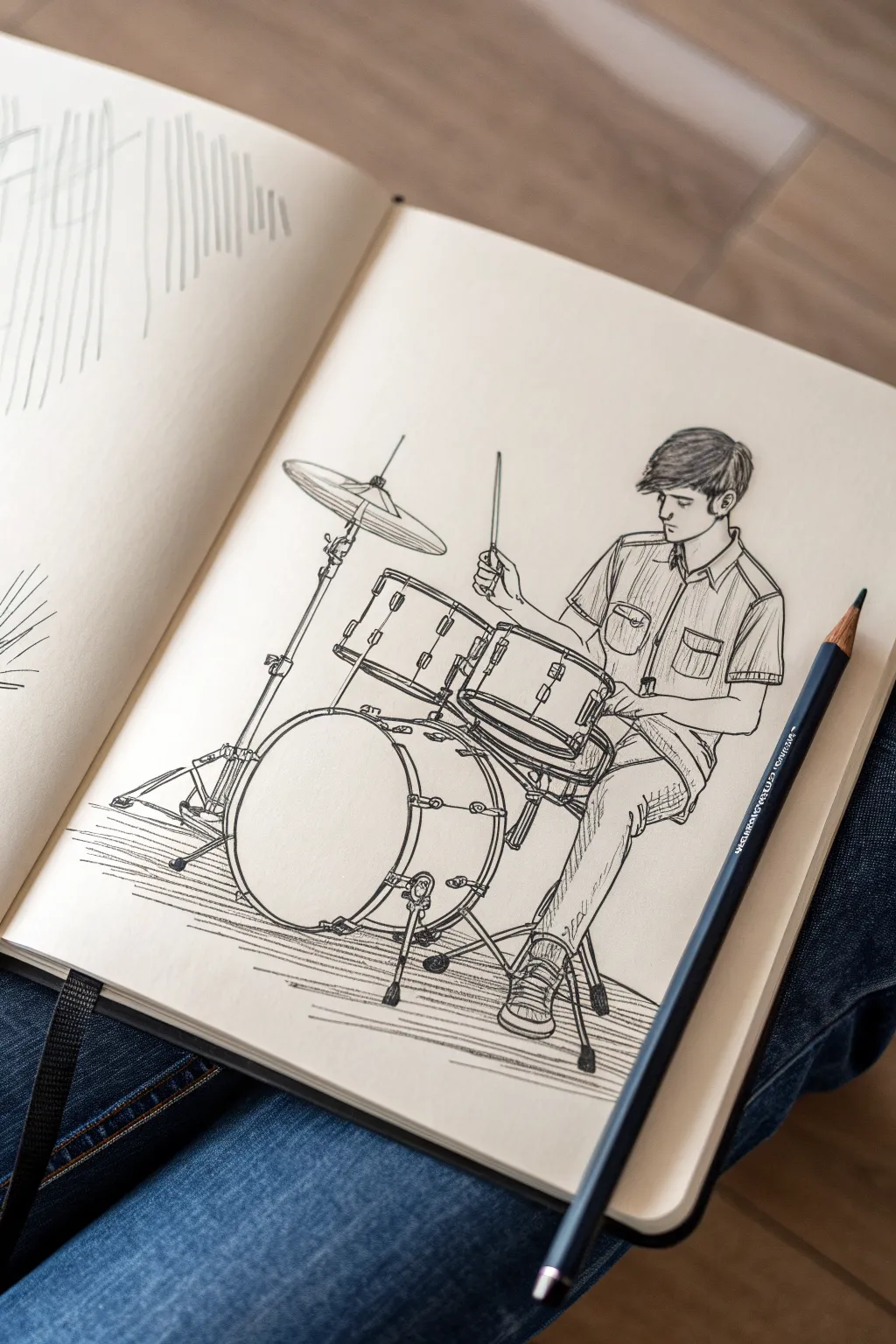 Minimal drummer kit sketch with motion lines and clean shapes, a stylish band drawing idea