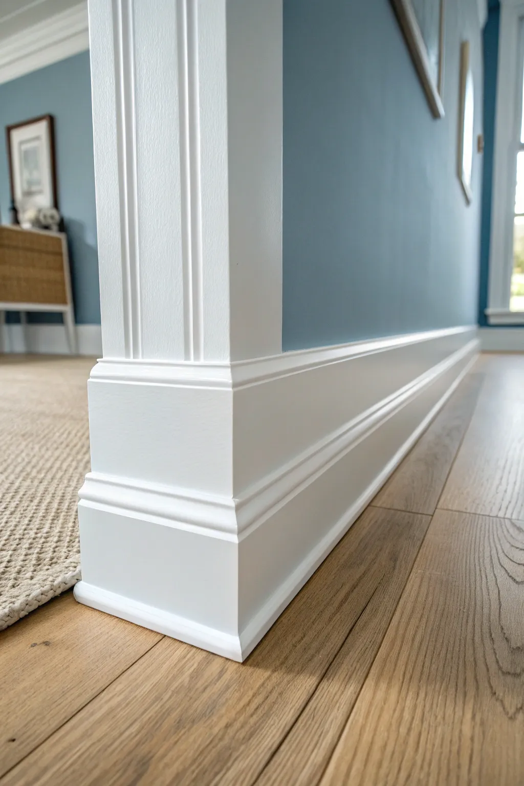 Cool clean white baseboards pop against blue-gray walls in crisp Scandinavian hallway light.