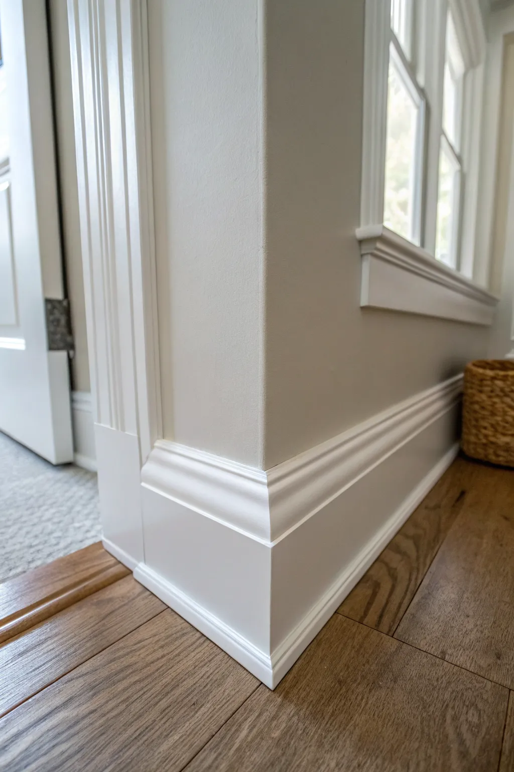 Crisp white trim against deeper wall color for a cleaner, taller-looking basement finish