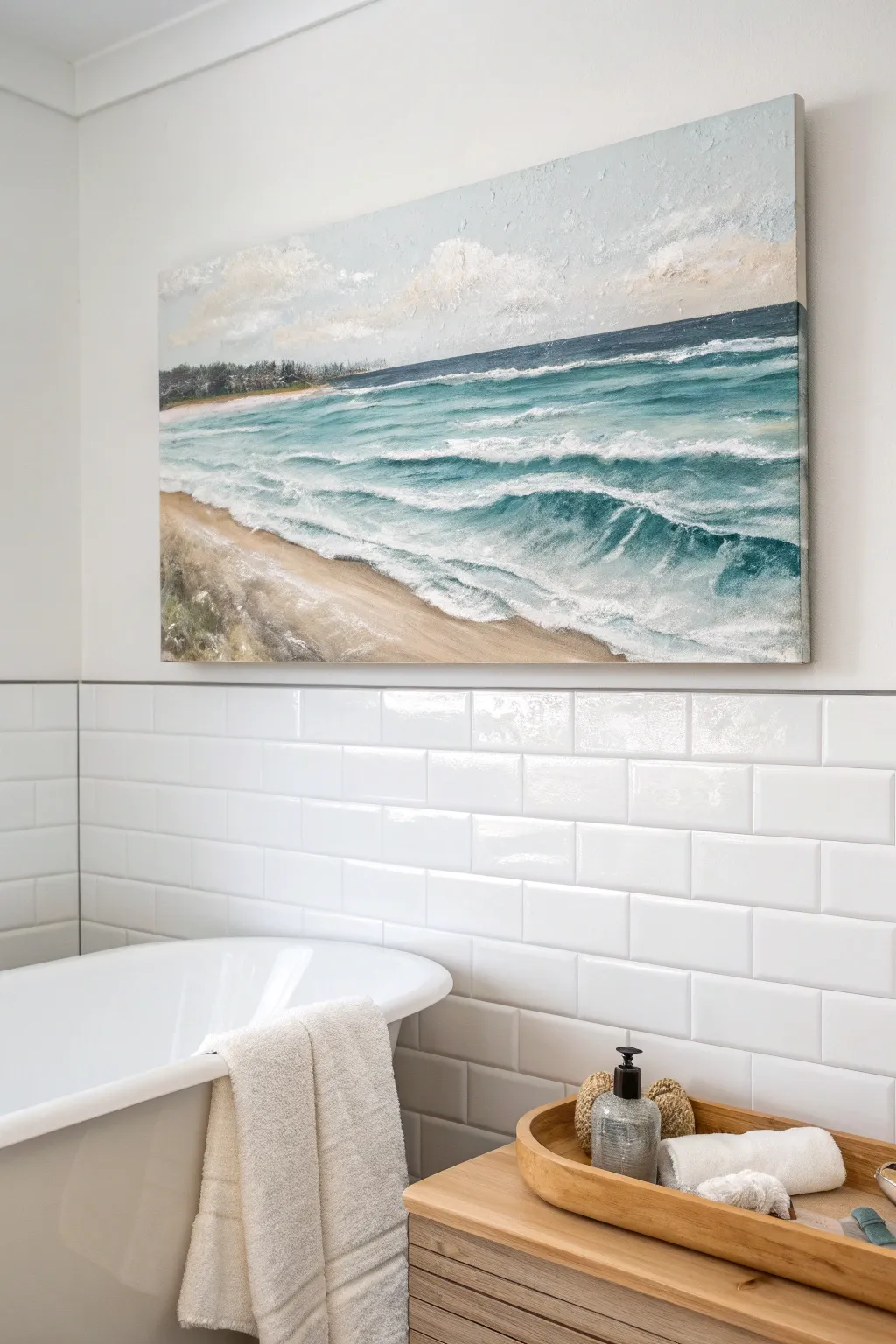 Soft ocean wave canvas in muted blues above a bright white bath for a calm Scandinavian spa mood