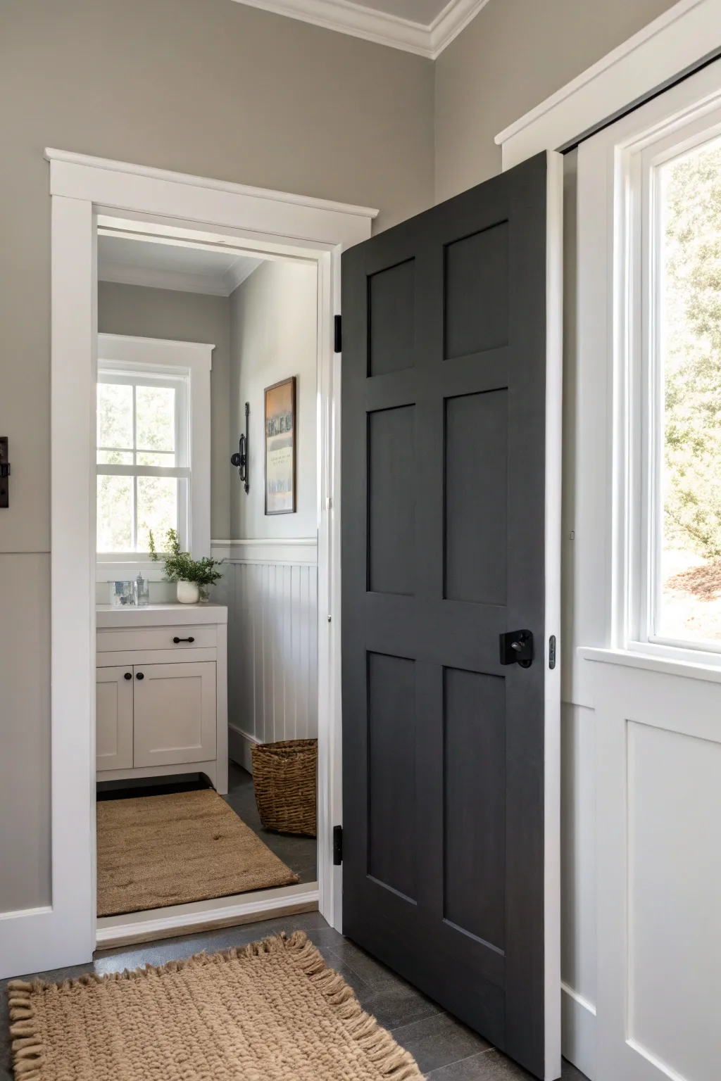Moody charcoal door paint adds instant contrast against bright white trim in a serene bath.