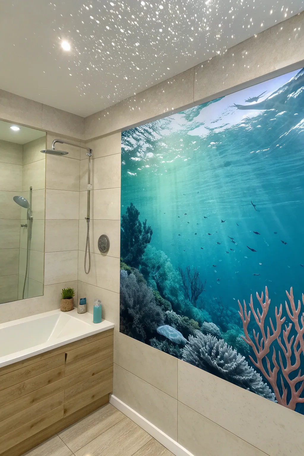 Spa-like underwater mural beside the shower, with glowing rays and blue-green depth for contrast