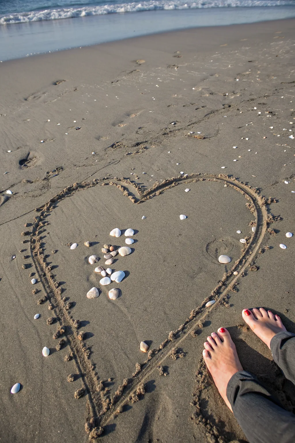 Etch a bold sand heart and fill it with shells for an easy, minimalist beach drawing idea.