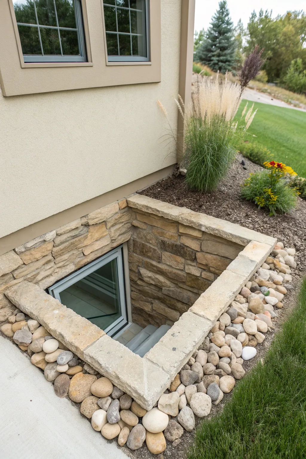 Stacked-stone window well liner in warm earthy tones, paired with a clean rock base and simple greenery