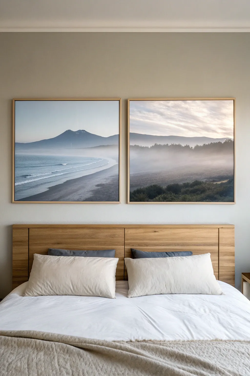 Calm misty horizon diptych above the bed, muted blues and warm neutrals for serene nights.