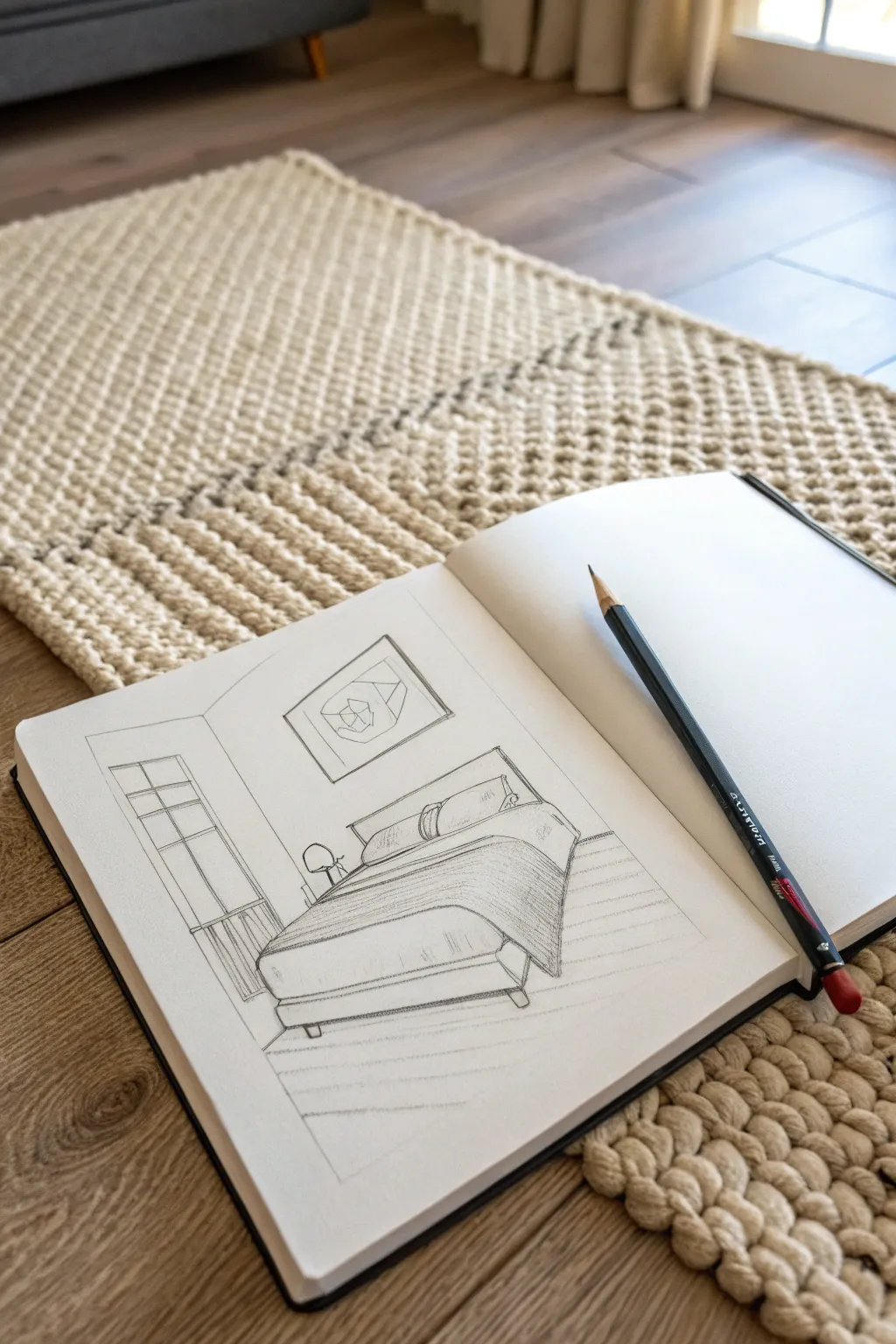 Add instant depth with a bed and rectangular rug, using clean perspective and soft rug shading.