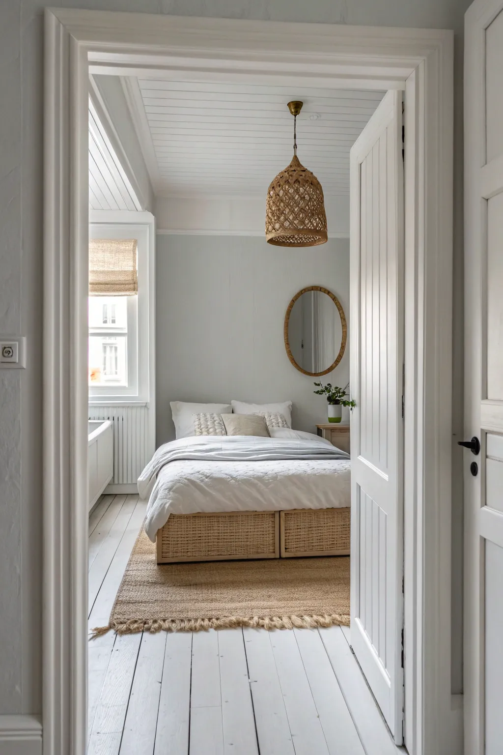 Pale gray walls and crisp white trim make this small bedroom feel airy and calm.