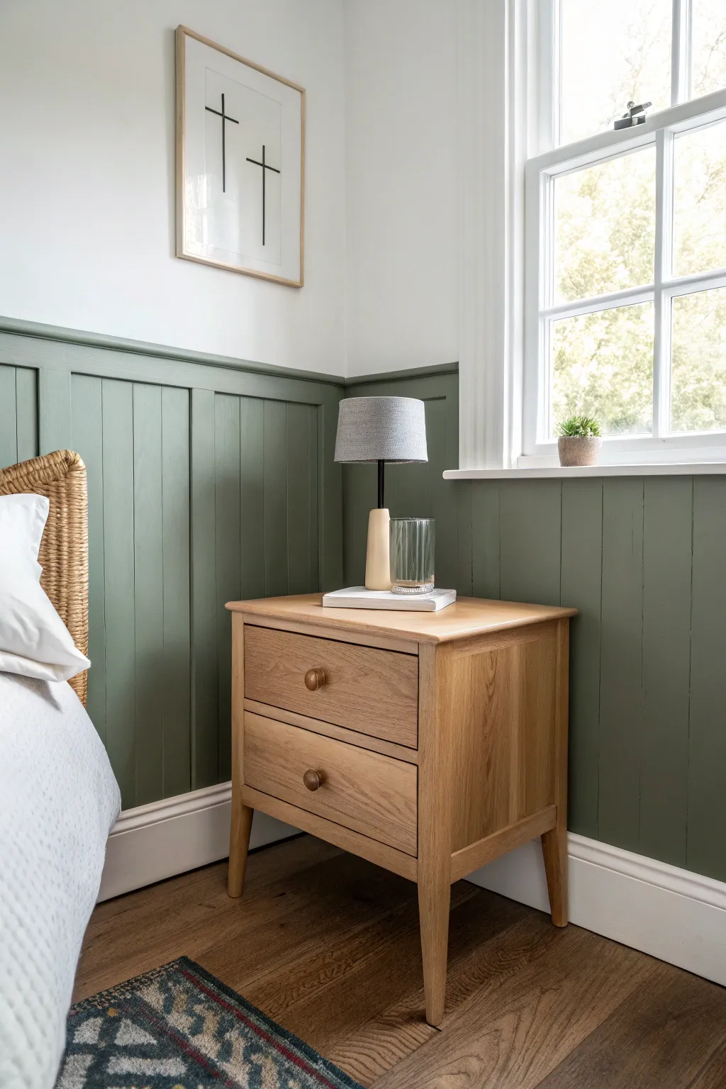 Two-tone dipped line walls that ground the room, with a nightstand that feels perfectly anchored