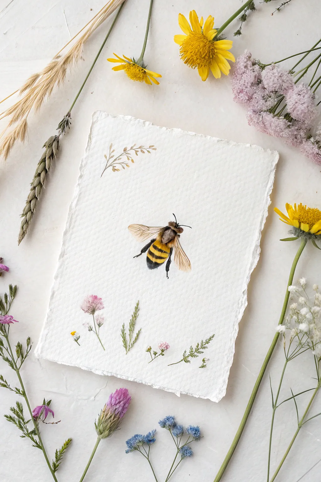 Soft watercolor bee hovering in a wildflower meadow frame, minimal and feminine inspiration